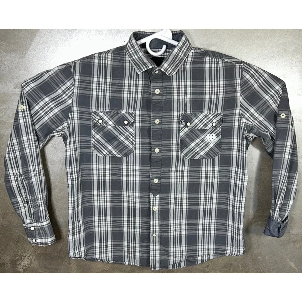 Soviet Men's XL‎ Plaid Button Up Shirt Long Sleeve Gray Western Pockets Pearl